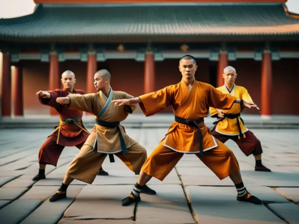 Grupo de guerreros Shaolin practicando artes marciales en un templo al amanecer, mostrando precisión y tradición