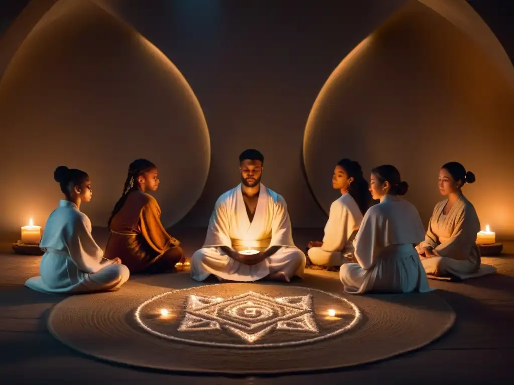 Grupo en meditación guiada en sala misteriosa con símbolos y velas