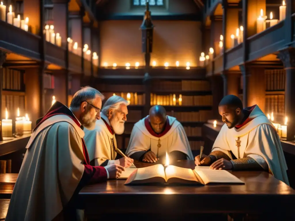 Un grupo de historiadores examina detenidamente artefactos templarios en una biblioteca medieval iluminada por velas