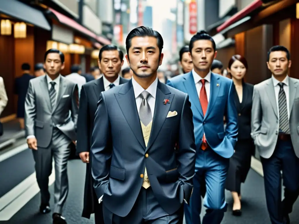 Un grupo de hombres de negocios japoneses en trajes y armaduras samurái, en una calle de Tokio, fusionando tradición y modernidad