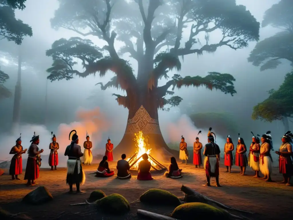 Un grupo de indígenas realiza un ritual sagrado en un bosque antiguo y neblinoso, con detalles intrincados en sus atuendos y plumas