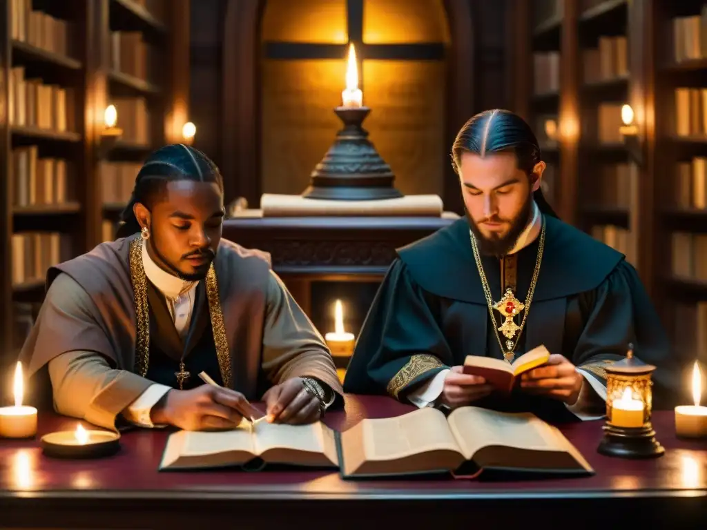 Un grupo de individuos en atuendos tradicionales rosacruces discuten en una biblioteca misteriosa