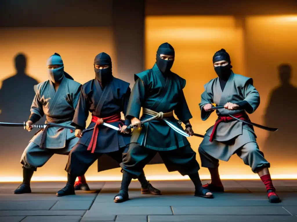 Maestros sigilosos: ninjas modernos dominan la ciudad Un grupo de individuos modernos vestidos como ninjas practican técnicas de sigilo en la ciudad