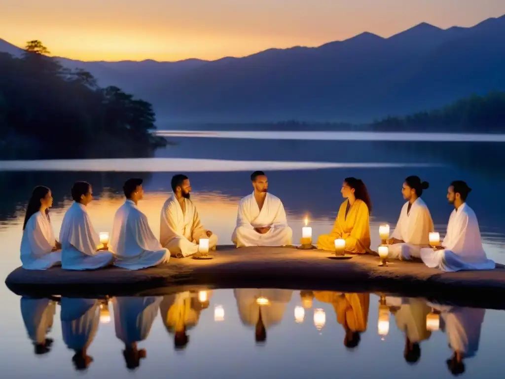 Un grupo de individuos en túnicas blancas, junto a un lago al atardecer con velas encendidas