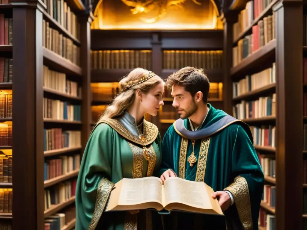 Un grupo de individuos con túnicas medievales en una biblioteca antigua, rodeados de libros sobre la Orden del Dragón