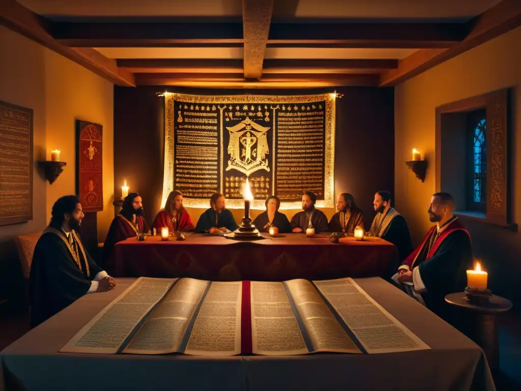 Conclave Rosacruz: misterio y sabiduría ancestral Un grupo de individuos en túnicas rosacruces discuten profecías, iluminados por velas en un ambiente místico y enigmático