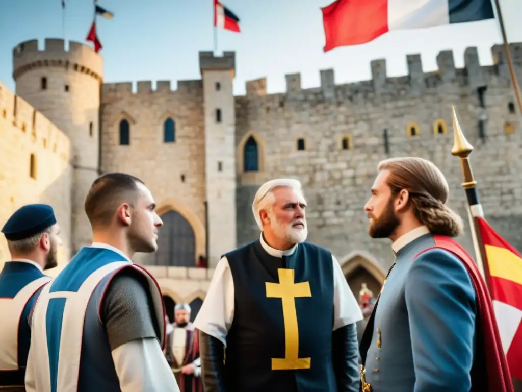 Un grupo debatiendo la influencia de los Templarios modernos en movimientos nacionalistas europeos frente a un castillo medieval