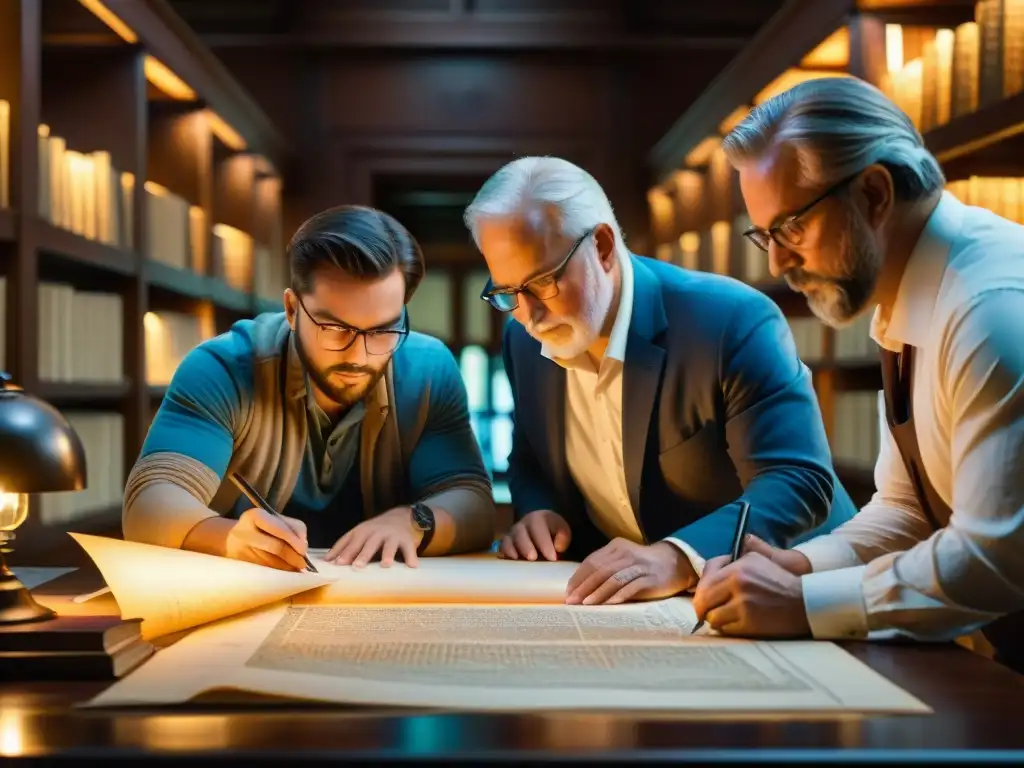 Un grupo de ingenieros y arquitectos estudian planos arquitectónicos rosacruces en una biblioteca histórica, con intensa concentración