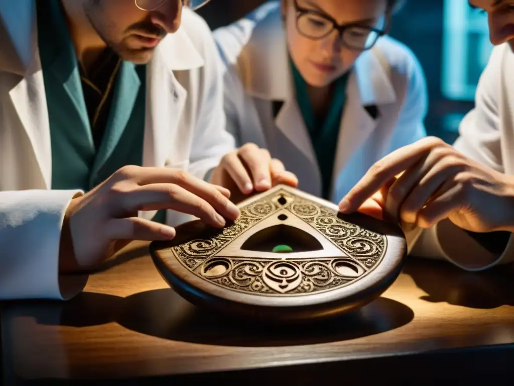 Un grupo de investigadores examina detalladamente una planchette de madera vintage en un laboratorio misterioso