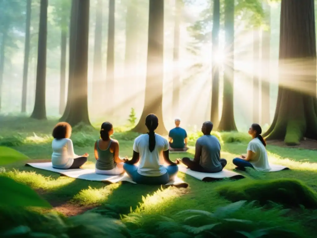 Un grupo en meditación profunda en un claro de bosque durante un retiro espiritual