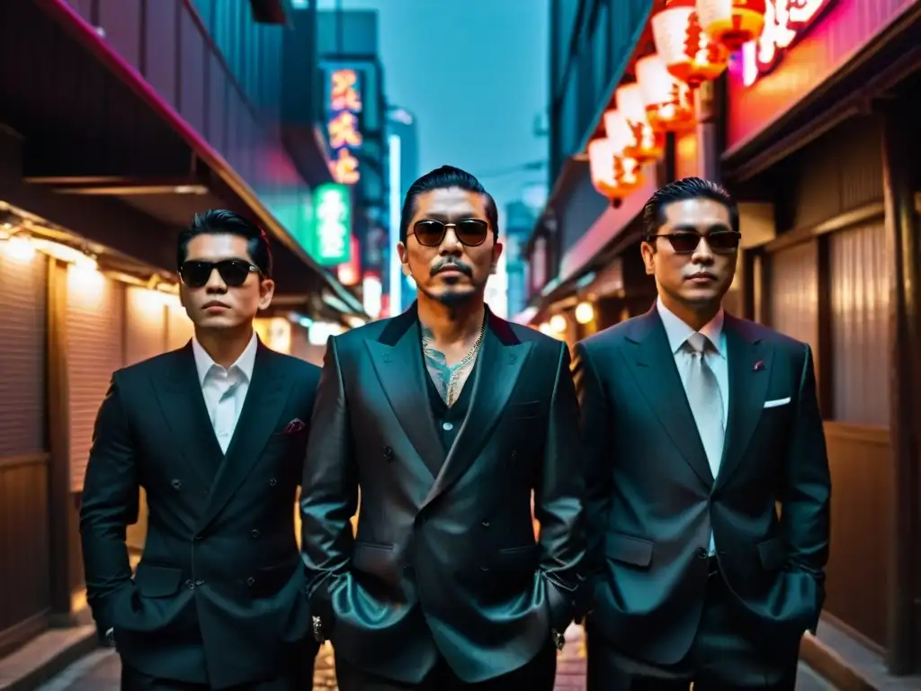 Grupo de miembros de Yakuza en un callejón de Tokio, exudando autoridad y ética en su atuendo negro y tatuajes, rodeados de luces de neón