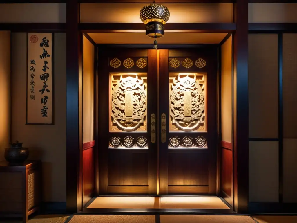 Reunión secreta de Yakuza en puerta de madera japonesa Grupo de miembros de sociedades secretas asiáticas misterios, en reunión clandestina en una habitación sombría, iluminada por una linterna