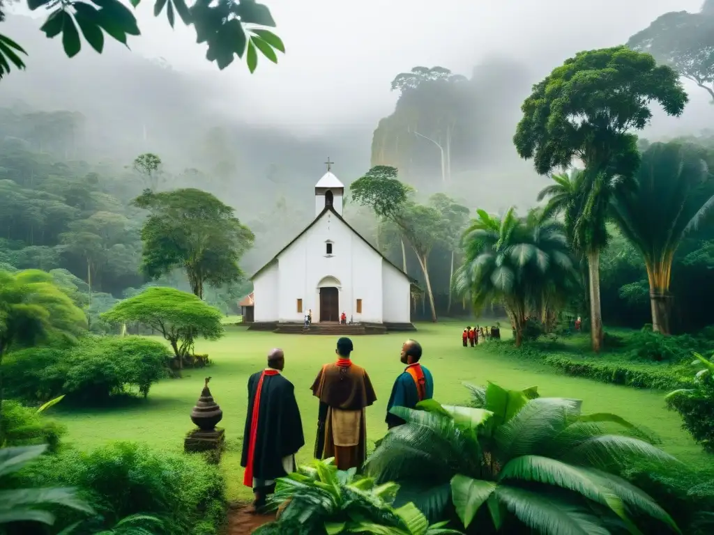 Grupo de misioneros jesuitas intercambiando conocimientos con indígenas en una iglesia histórica en la jungla