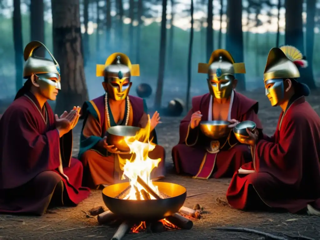 Grupo en misteriosa ceremonia alrededor de fogata en bosque