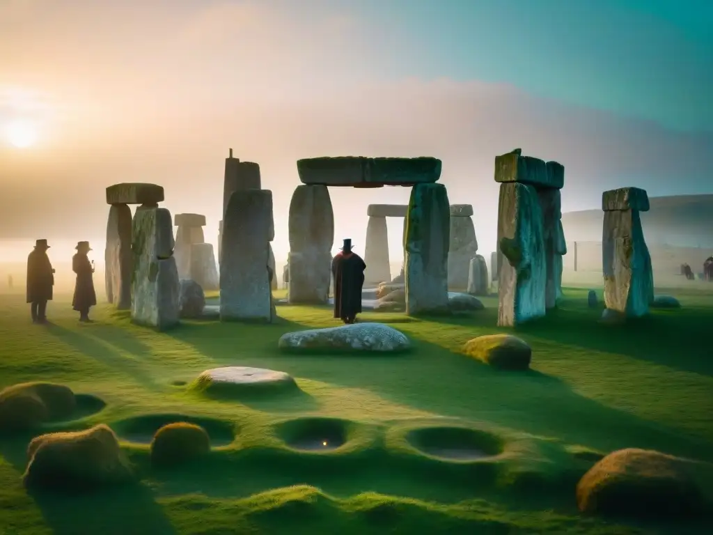 Grupo misterioso de figuras encapuchadas en círculo en Stonehenge al anochecer, con una luz mística en el centro