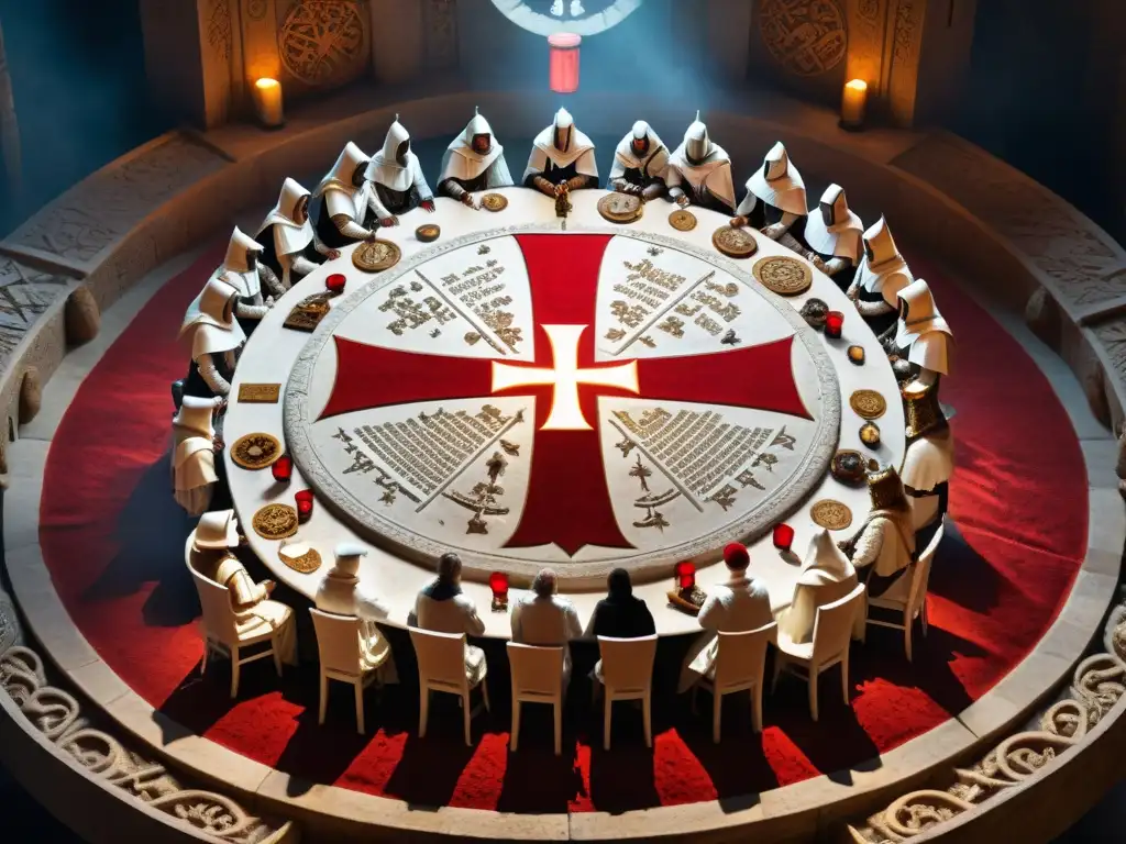 Grupo de misteriosos caballeros Templarios reunidos alrededor de una mesa de piedra con símbolos antiguos, discutiendo sobre el Santo Grial