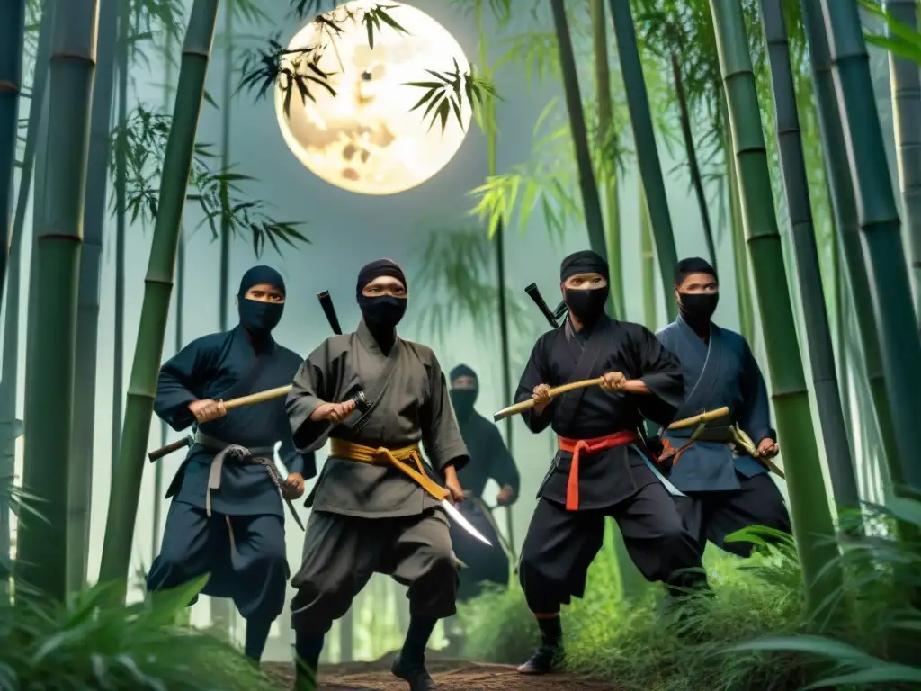 Un grupo de misteriosos guerreros ninja se desliza entre bambúes bajo la luz de la luna, capturando la esencia de la historia de los guerreros ninja