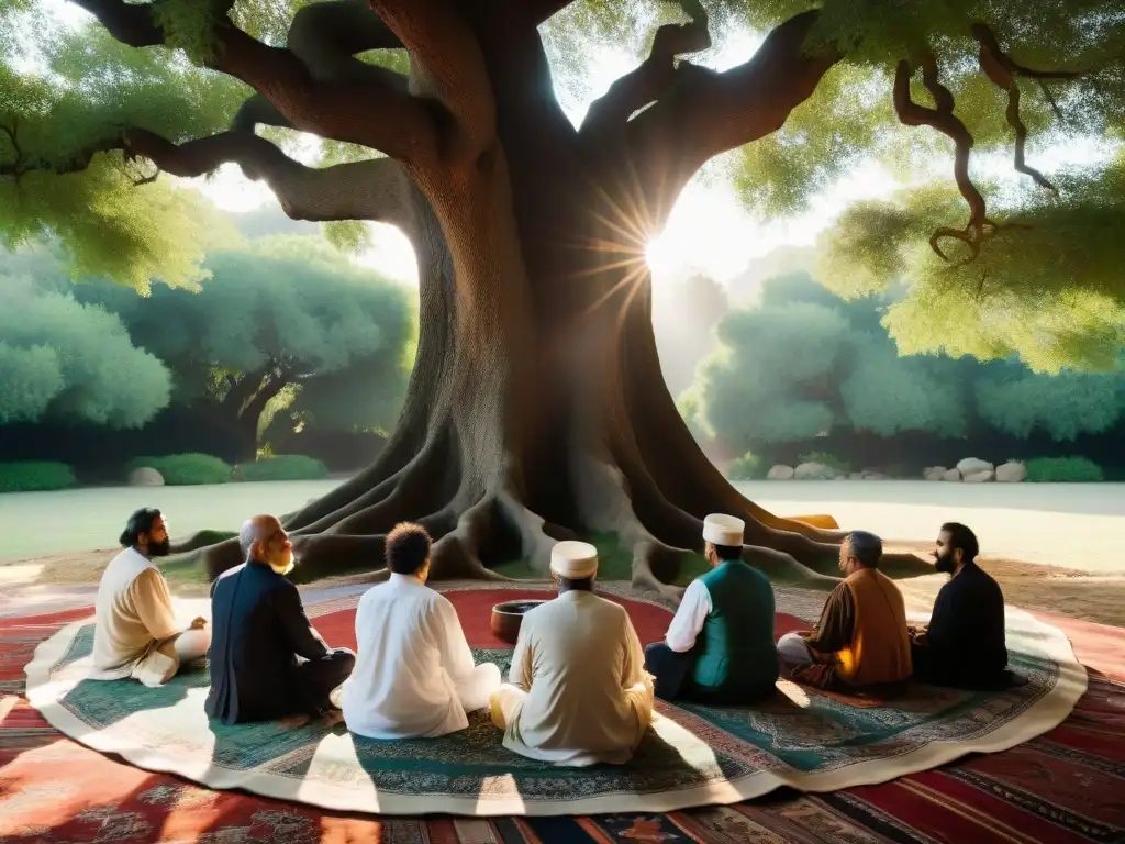 Grupo de místicos sufíes en armonía espiritual bajo un árbol ancestral, expresando unidad y paz en su práctica meditativa