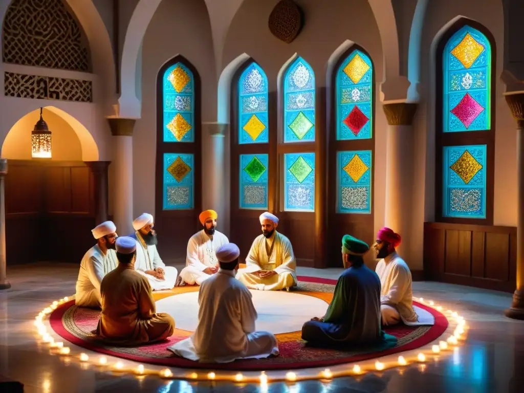 Un grupo de místicos sufíes en ritual espiritual dentro de una mezquita, sumergidos en meditación y serenidad