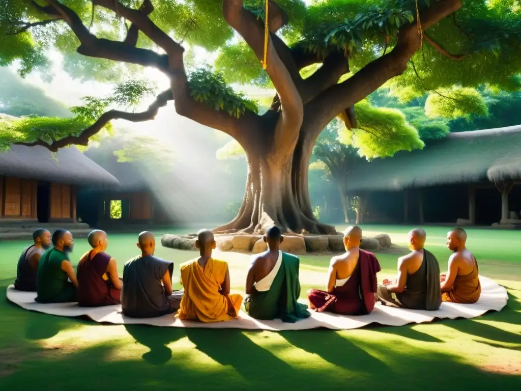 Grupo de monjes antiguos en meditación bajo un árbol, entonando mantras para una vida positiva