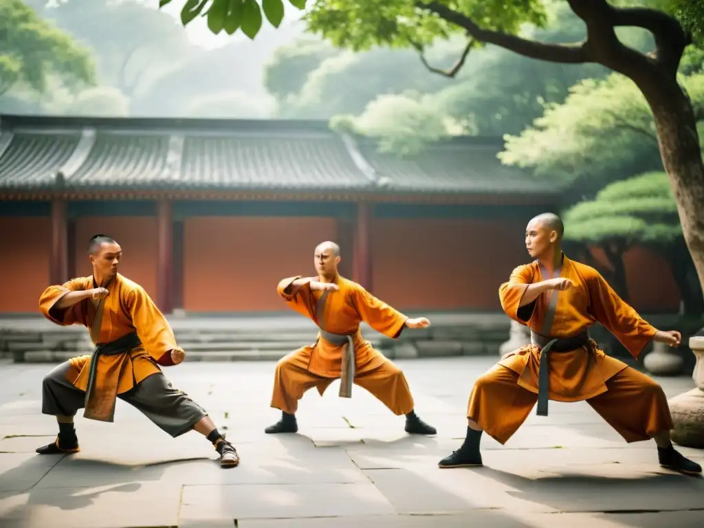 Un grupo de monjes Shaolin practica artes marciales en un tranquilo templo rodeado de vegetación exuberante y estatuas antiguas