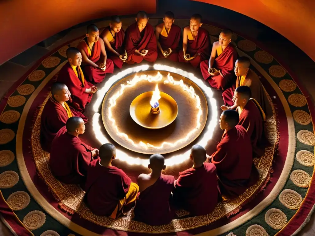 Grupo de monjes tibetanos en ritual de adivinación secreta, rodeados de lámparas y rollos antiguos en monasterio