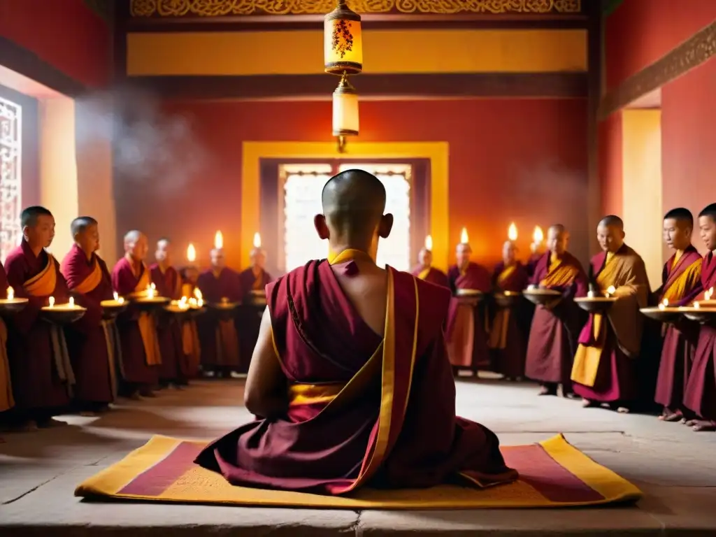 Un grupo de monjes tibetanos recitando textos antiguos en un monasterio iluminado con mandalas y lámparas de mantequilla