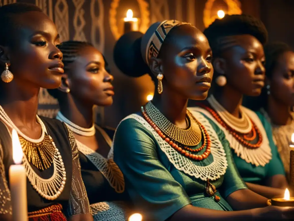 Un grupo de mujeres africanas en Sociedades secretas en África, con atuendos tradicionales y rostros pintados en un ambiente misterioso y místico