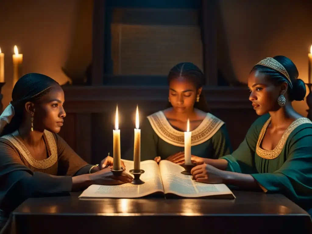 Un grupo de mujeres diversas en atuendos secretos se reúnen alrededor de una mesa iluminada por velas en una misteriosa ritual de sociedades secretas