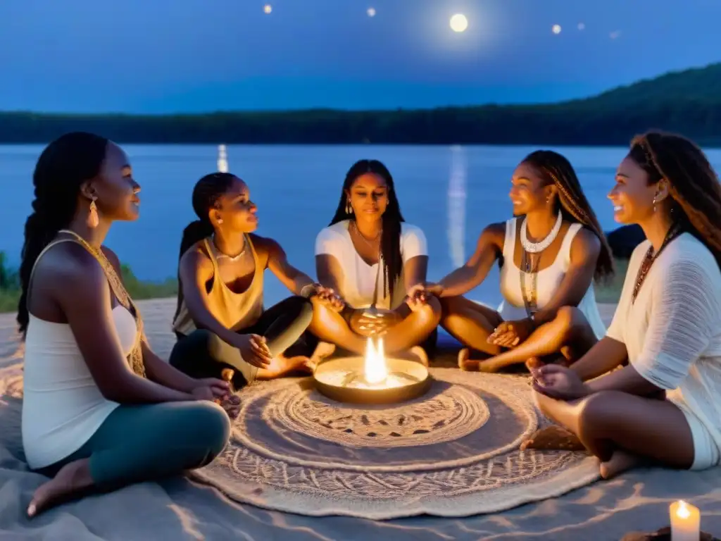 Grupo de mujeres diversas en círculo bajo la luna llena, unidas en ritual de empoderamiento femenino