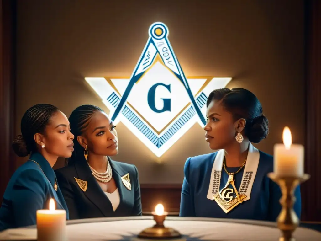 Un grupo de mujeres diversas y concentradas en una reunión masónica, con vestimenta elegante y un emblema masónico detallado