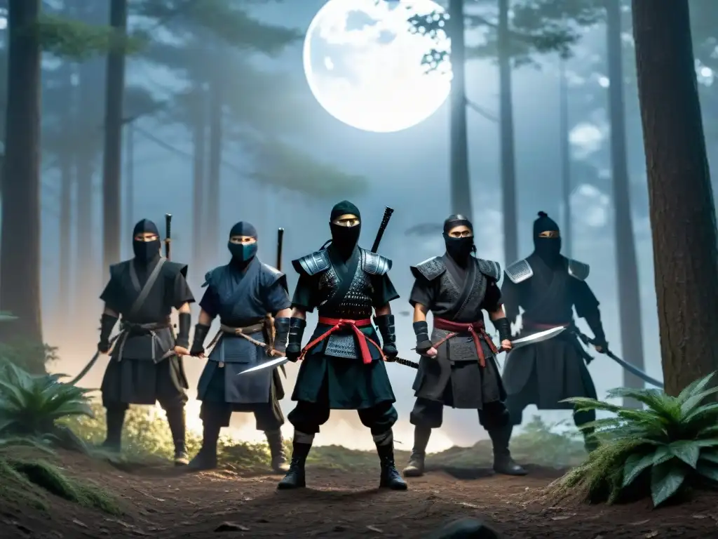 Un grupo de ninjas se desliza sigilosamente por un bosque iluminado por la luna, evocando la historia de los guerreros ninja