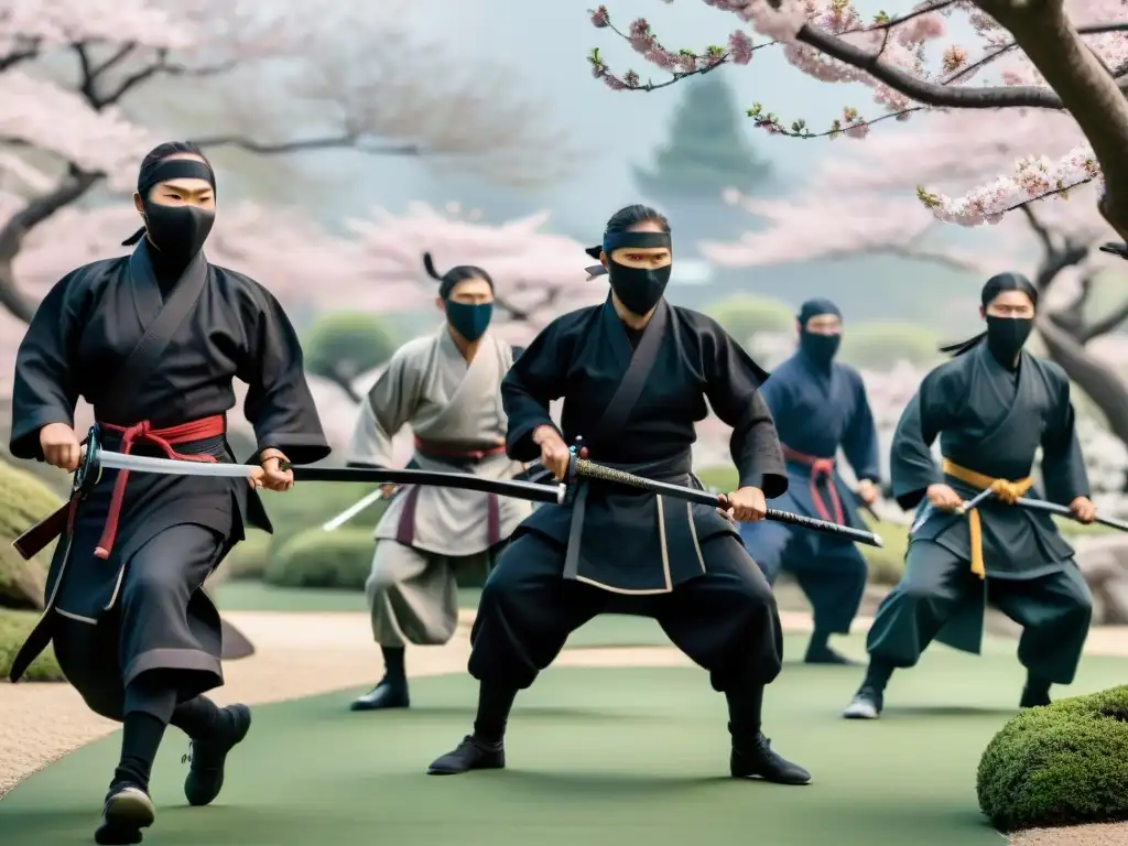 Un grupo de ninjas en un jardín japonés iluminado por la luna, evocando Sociedades secretas Asia espionaje