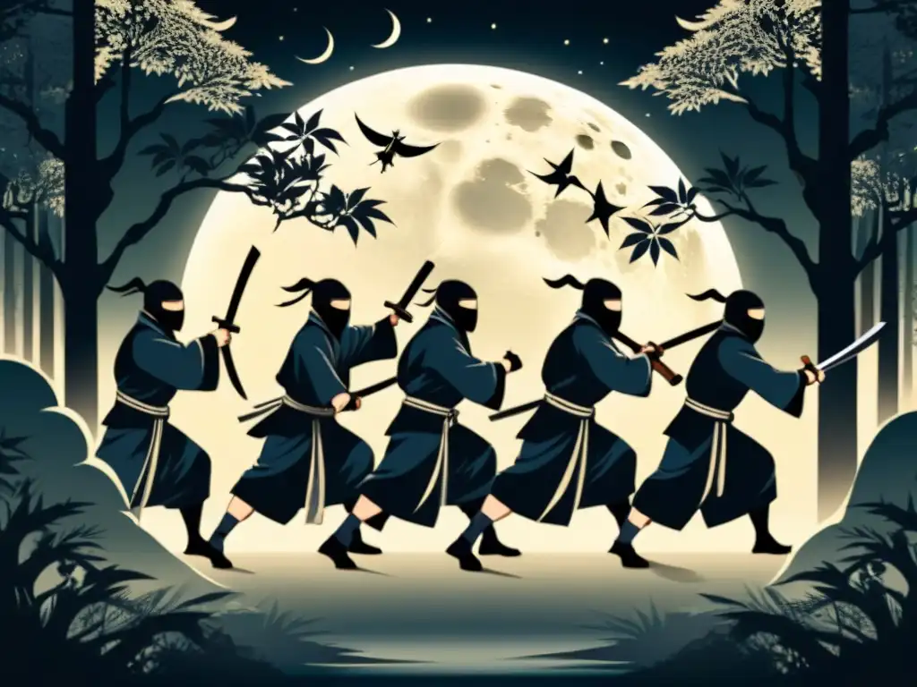 Un grupo de ninjas en trajes negros se desliza sigilosamente por un bosque iluminado por la luna