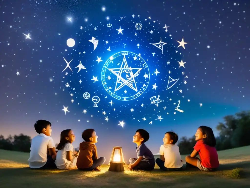 Un grupo de niños disfrutando bajo un cielo estrellado, cada uno con su constelación zodiacal brillando sobre ellos