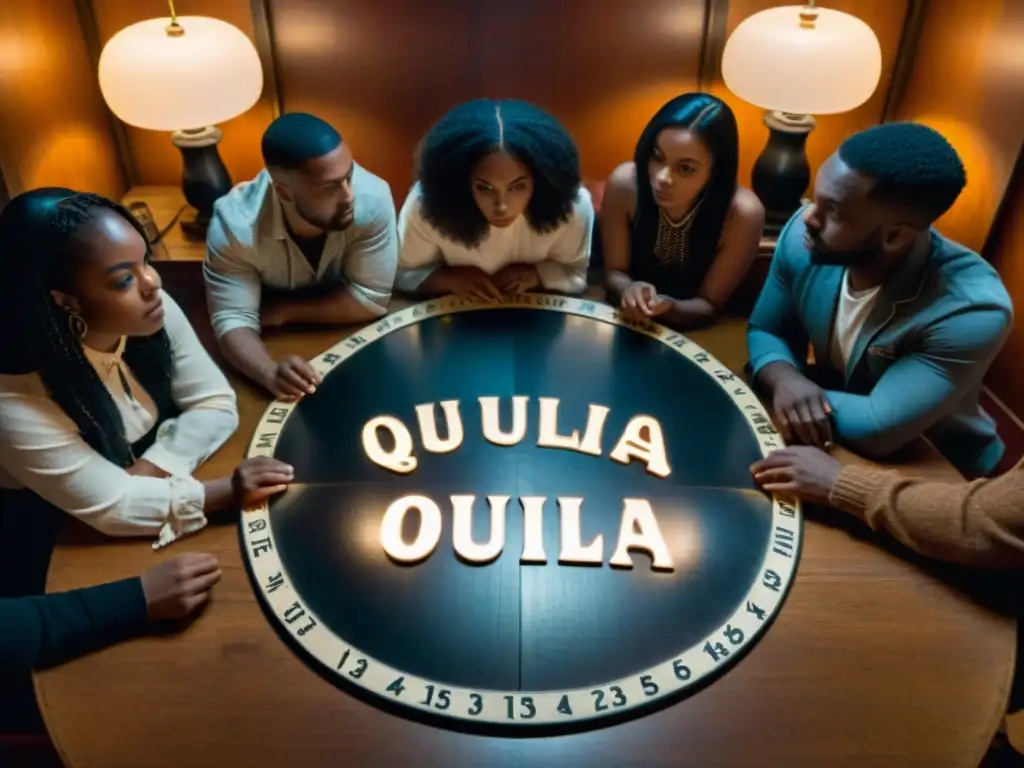 Un grupo de personas observa con asombro mientras la planchette de la Ouija mensajes espirituales funciona en una habitación misteriosa y sombría