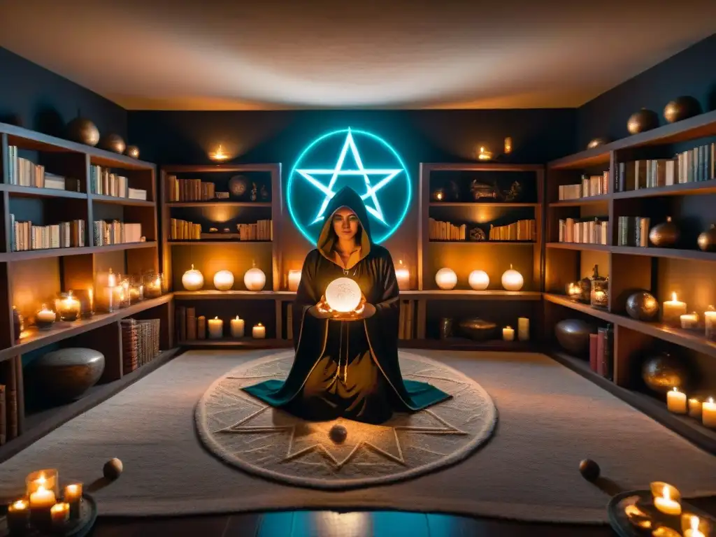 Un grupo de personas en túnicas rodea un pentagrama brillante en una sala llena de libros antiguos, bolas de cristal y velas