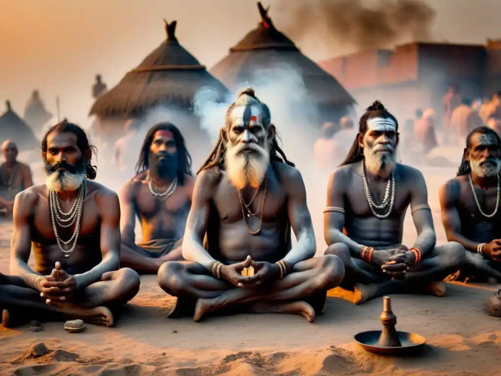 Grupo de Aghori sadhus meditando entre pirañas funerarias en Varanasi, creando atmósfera mística