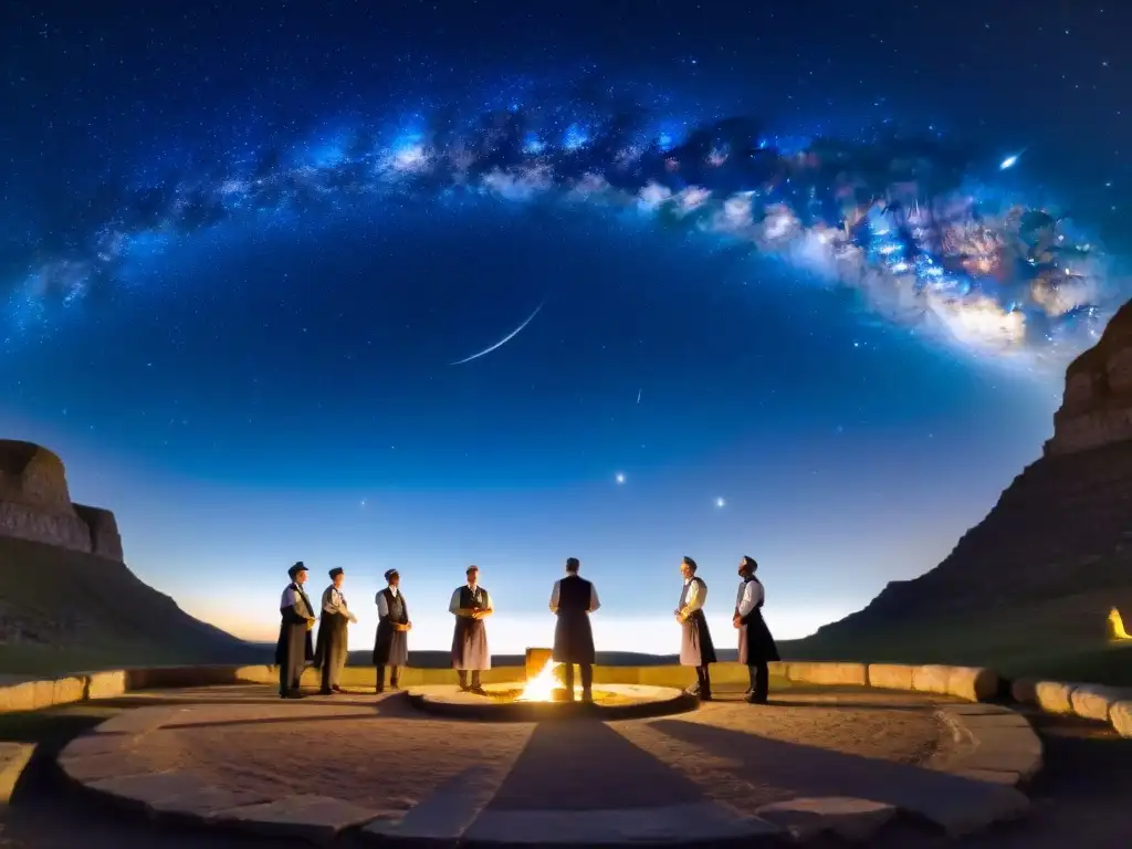 Un grupo de albañiles en una plaza sagrada, bajo un cielo estrellado con simbolismo astronómico