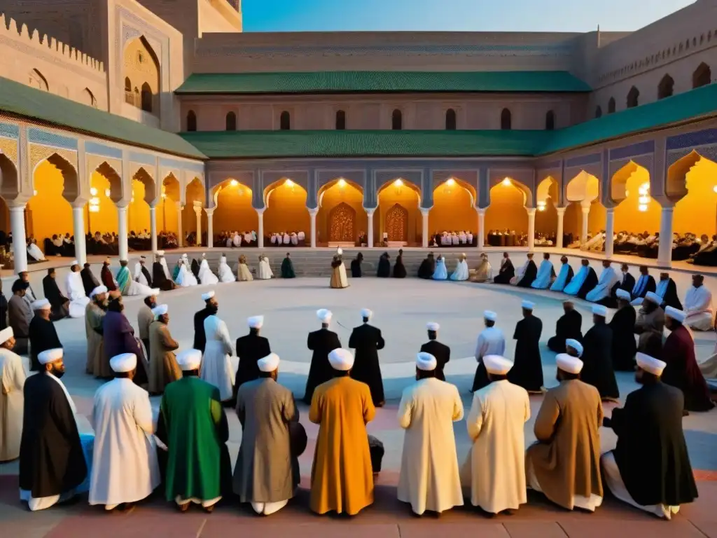 Un grupo de practicantes Sufi Naqshbandi realizando una ceremonia mística al atardecer en una mezquita antigua, con danza de derviches giradores