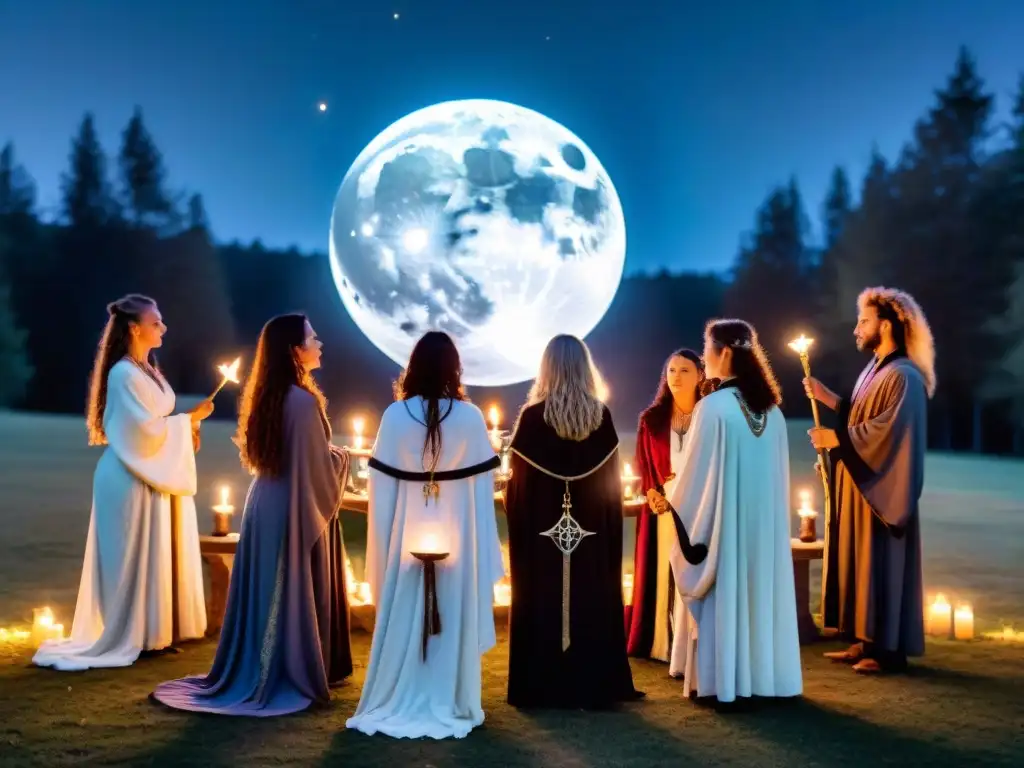 Un grupo de practicantes de Wicca en un ritual al aire libre bajo la luna llena, vestidos con túnicas adornadas con símbolos