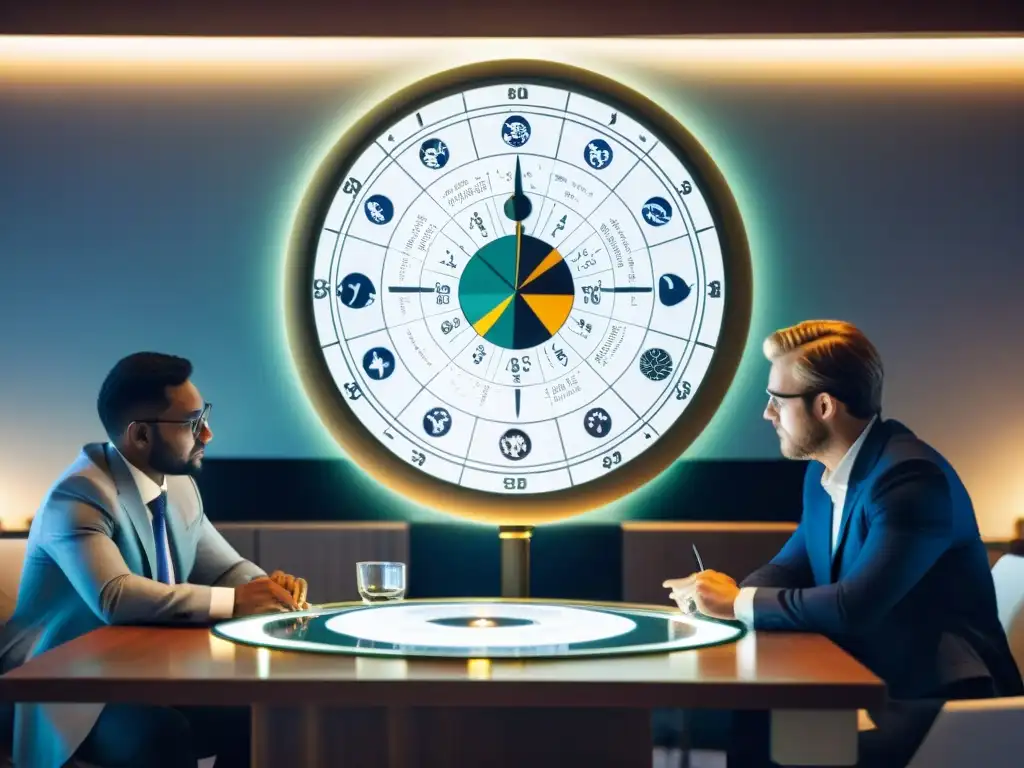 Profesionales de negocios analizan carta astral con enfoque Grupo de profesionales de negocios analizando un complejo gráfico astrológico, buscando el mejor momento iniciar proyectos negocios