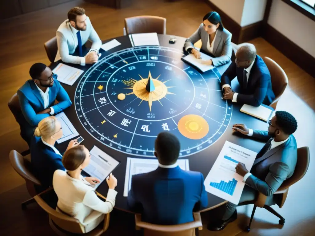 Profesionales de negocios consultan astrología para lanzamiento Grupo de profesionales en reunión consultando sus cartas astrales para el mejor momento iniciar proyectos negocios