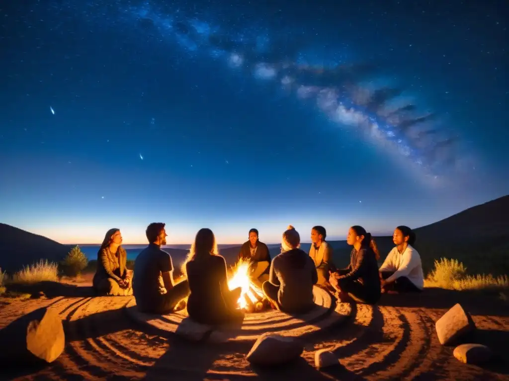 Un grupo en retiro espiritual realiza rituales nocturnos alrededor de una fogata bajo un cielo estrellado