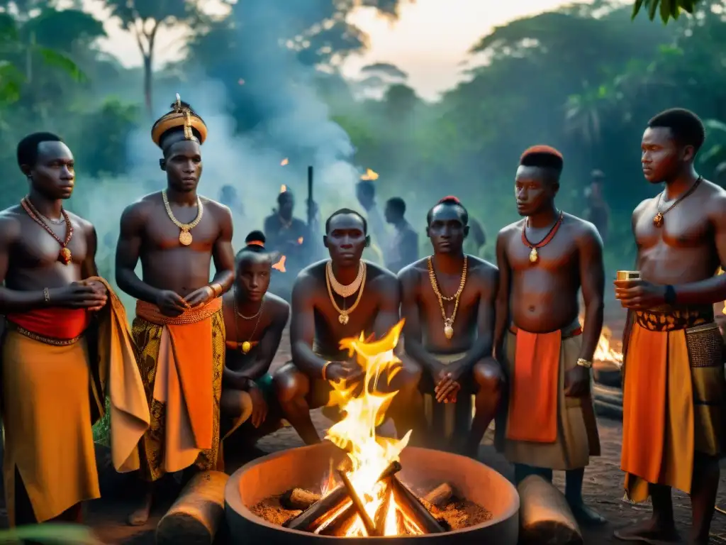 Grupo en ritual africano junto a fuego en la jungla, aire de misterio