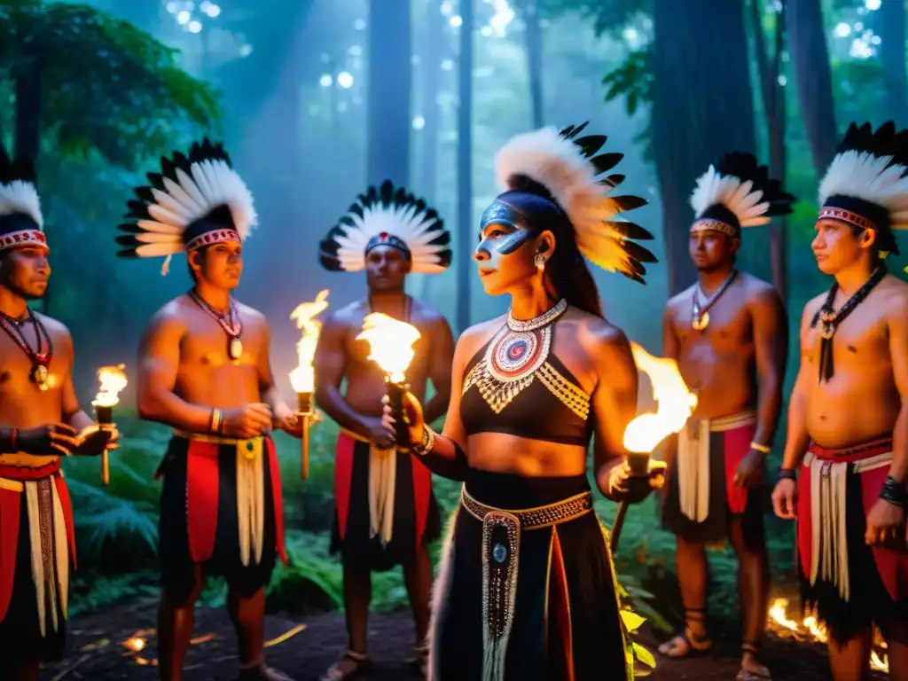 Grupo en ritual ancestral en el bosque con atuendos indígenas, pinturas y antorchas