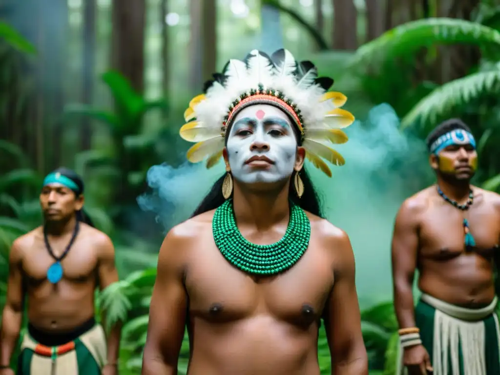 Grupo en ritual ancestral en la selva, con vestimenta tradicional y expresiones de concentración