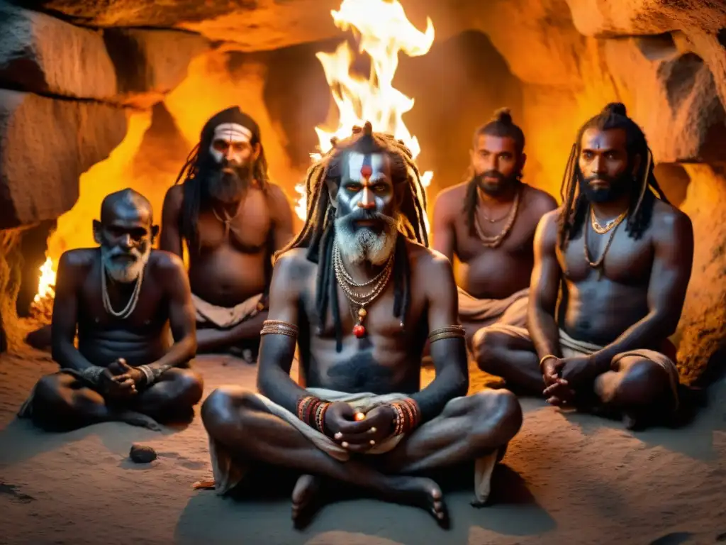 Grupo de Aghori sadhus en ritual con fuego en cueva iluminada, influencia Aghoris cultura política India