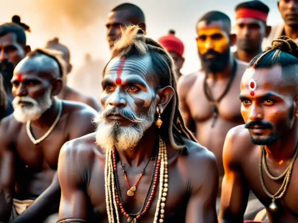 Grupo de Aghoris en ritual a orillas del Ganges, con body art y expresiones intensas, influencia Aghoris cultura política India