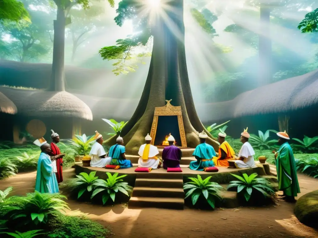 Grupo de sacerdotes Yoruba en ritual sagrado en el Bosque Sagrado de OsunOsogbo, influencia de sociedades secretas en el mundo moderno